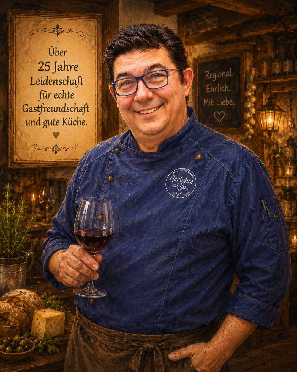 Gastgeber Dragan Grahovic mit einem Glas Rotwein im Wirtshaus