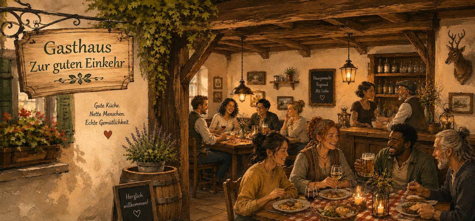Gäste sitzen zusammen an der Schank im Wirtshaus