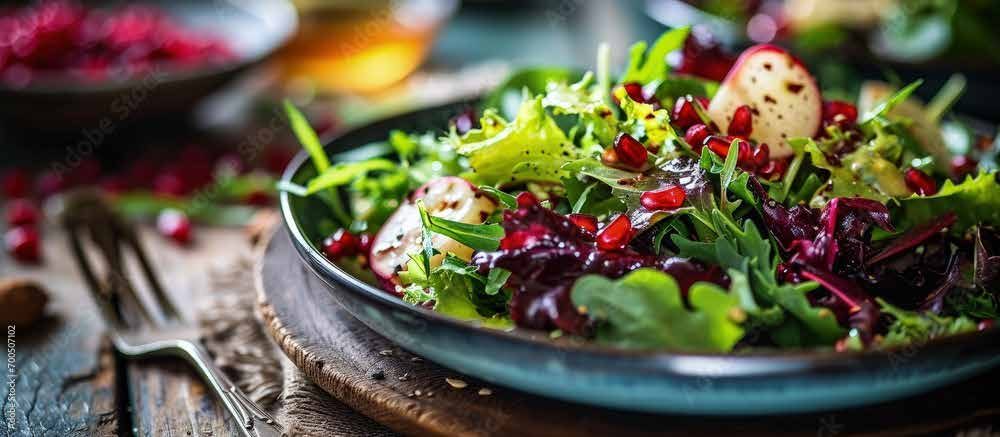 Bunter Blattsalat mit Granatapfelkernen und gegrilltem Käse