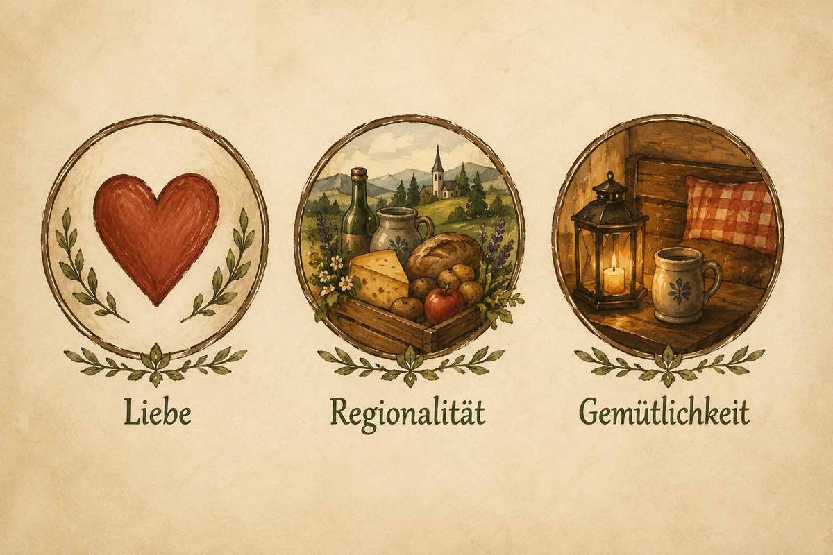 Drei Medaillons: Liebe, Regionalität und Gemütlichkeit